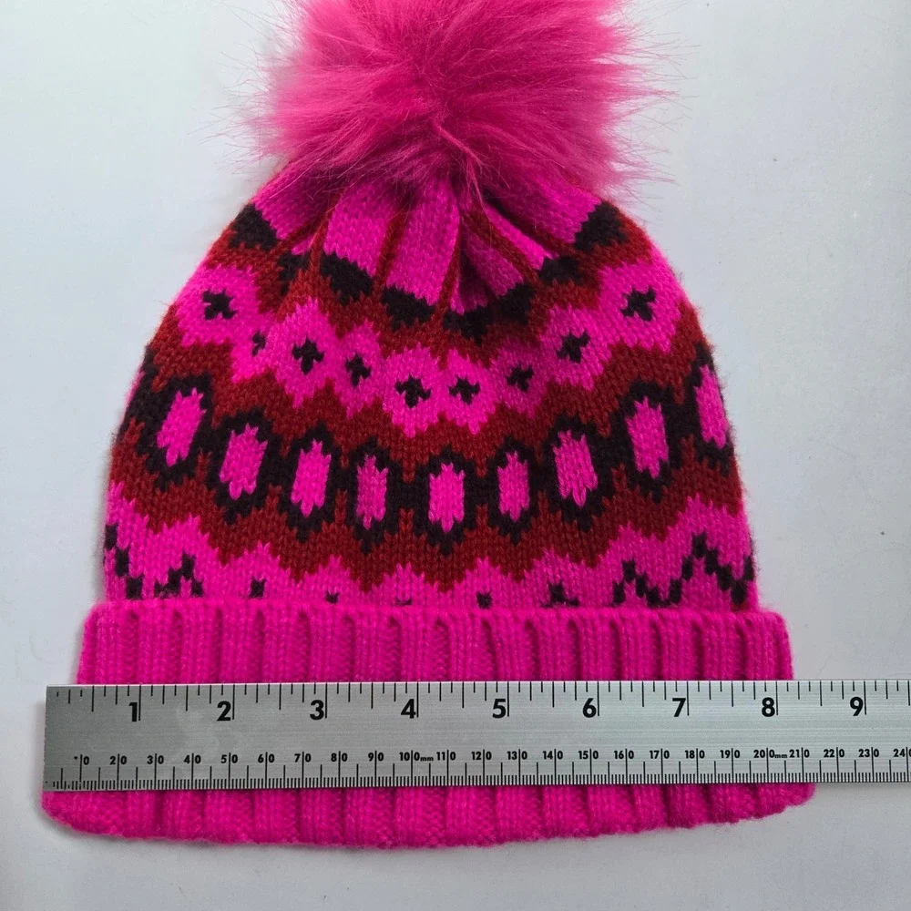 Gap Kids Beanie S/M Pink Fair Isle Knit Faux Fur Pom Pom Winter Hat Cozy Hat